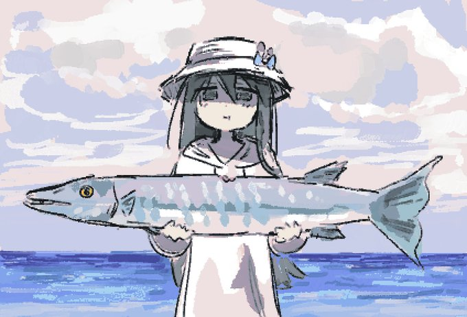girl in a sun hat holding a big fishy, it's drawn in a painty soft style
