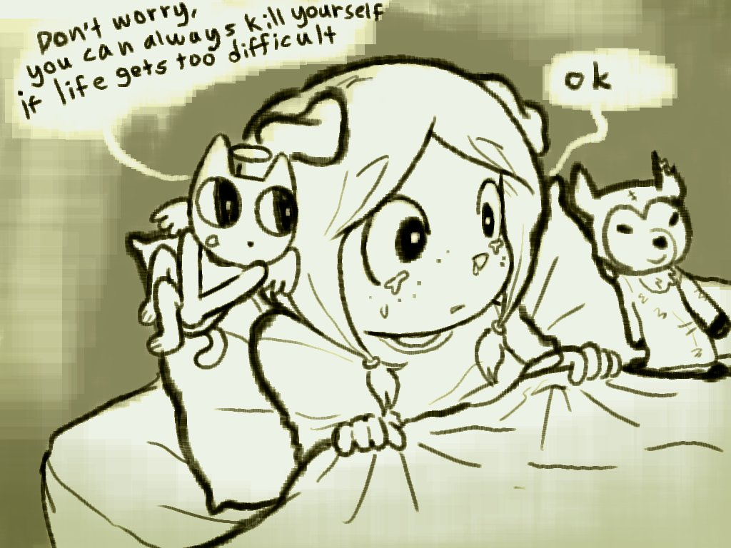 a drawing of a anthropomorphic character with ears, a 'devil' type character on its shoulder is saying 