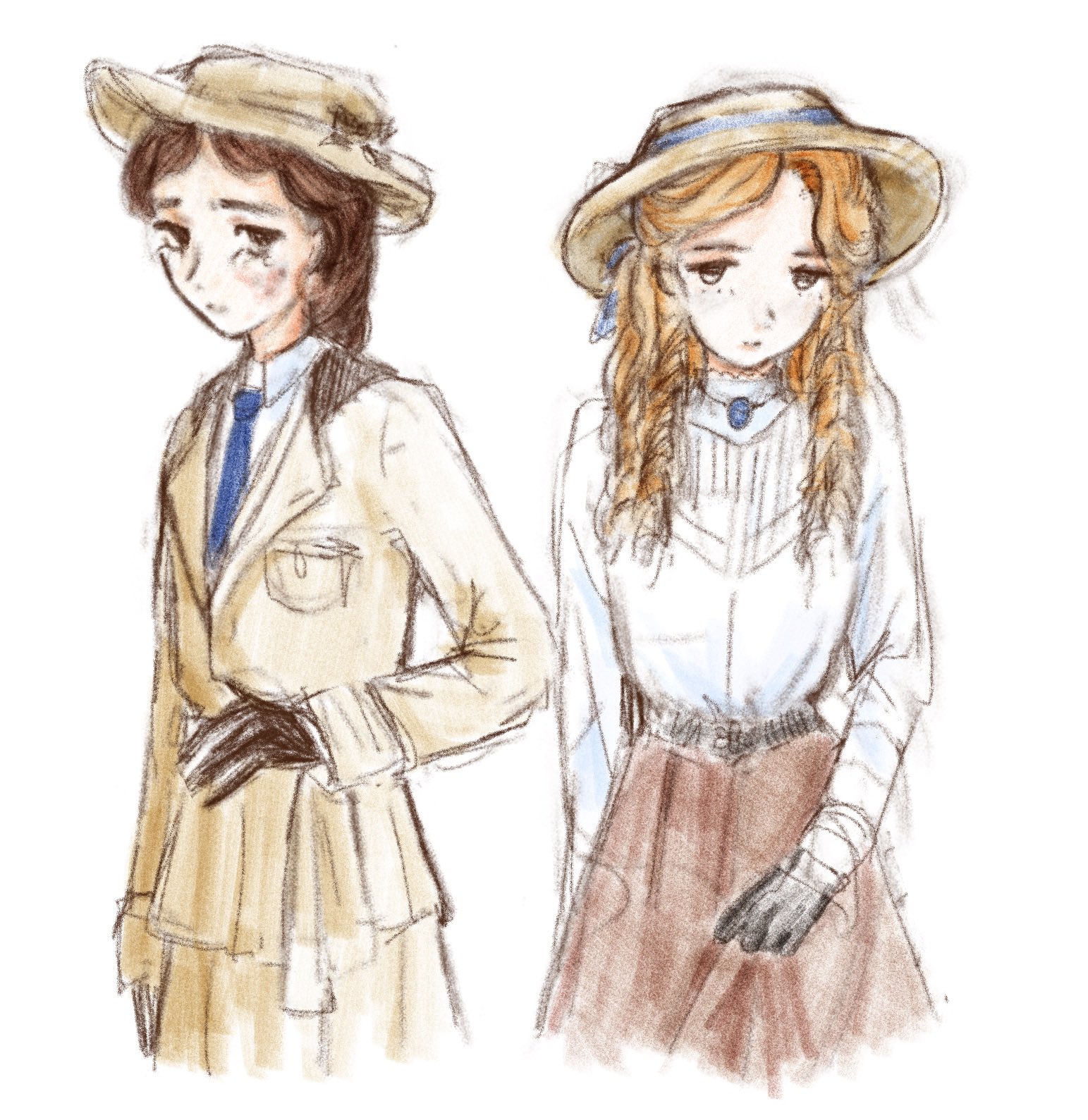 two ladies standing next to each other, one of them is wearing a beigeish coat, the other is wearing a white blouse and brown skirt.